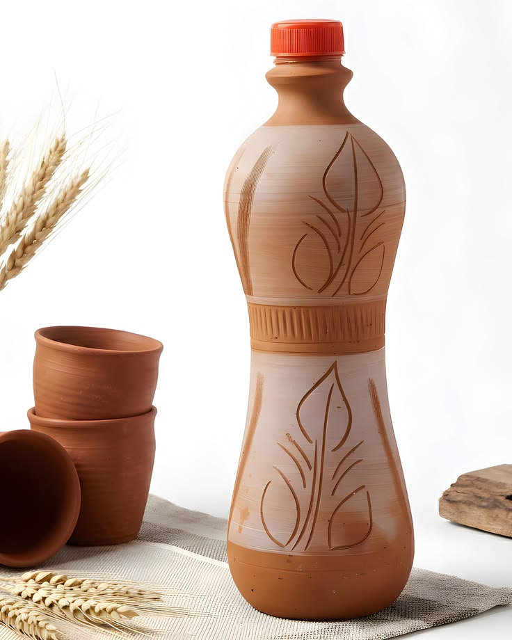 1 Litre Terracotta Water Bottle | Natural Clay Water Bottle for Drinking Water 